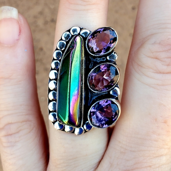 New Rainbow Hematite and Amethyst 925 Silver Ring. - Picture 5 of 16